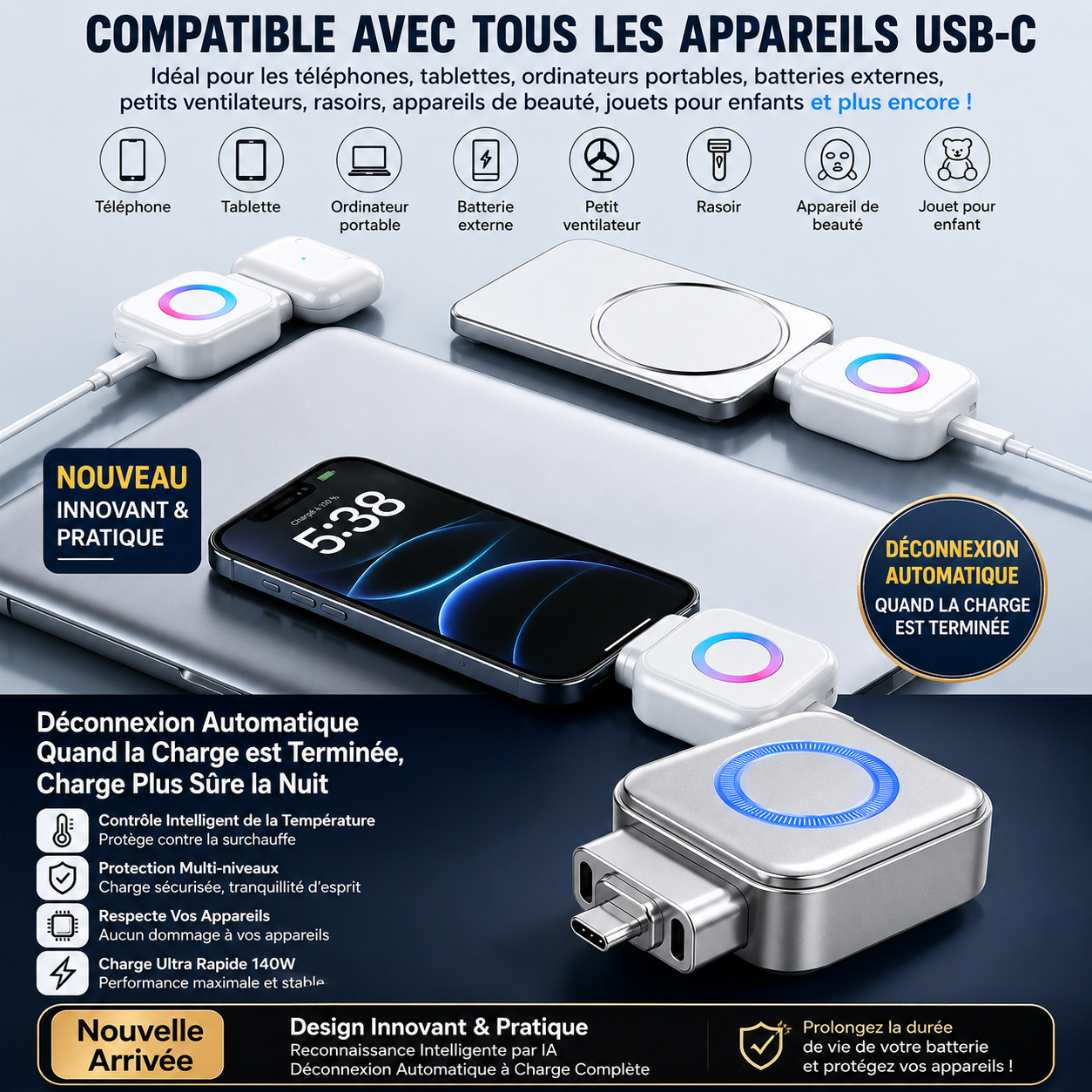 StopCharge™ : l'adaptateur à intelligence artificielle qui se désadapte automatiquement quand votre batterie est pleine.