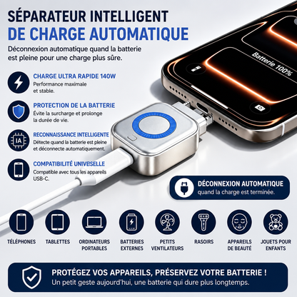 StopCharge™ : l'adaptateur  à intelligence artificielle  qui se désadapte automatiquement  quand votre batterie est pleine.